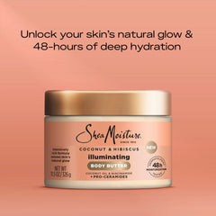 SheaMoisture Illuminating Body Butter with Coconut & Hibiscus, Niacinamide and Pro-Ceramides, Renewing Skin’s Natural Glow, 48H Moisturizing 11.5 oz