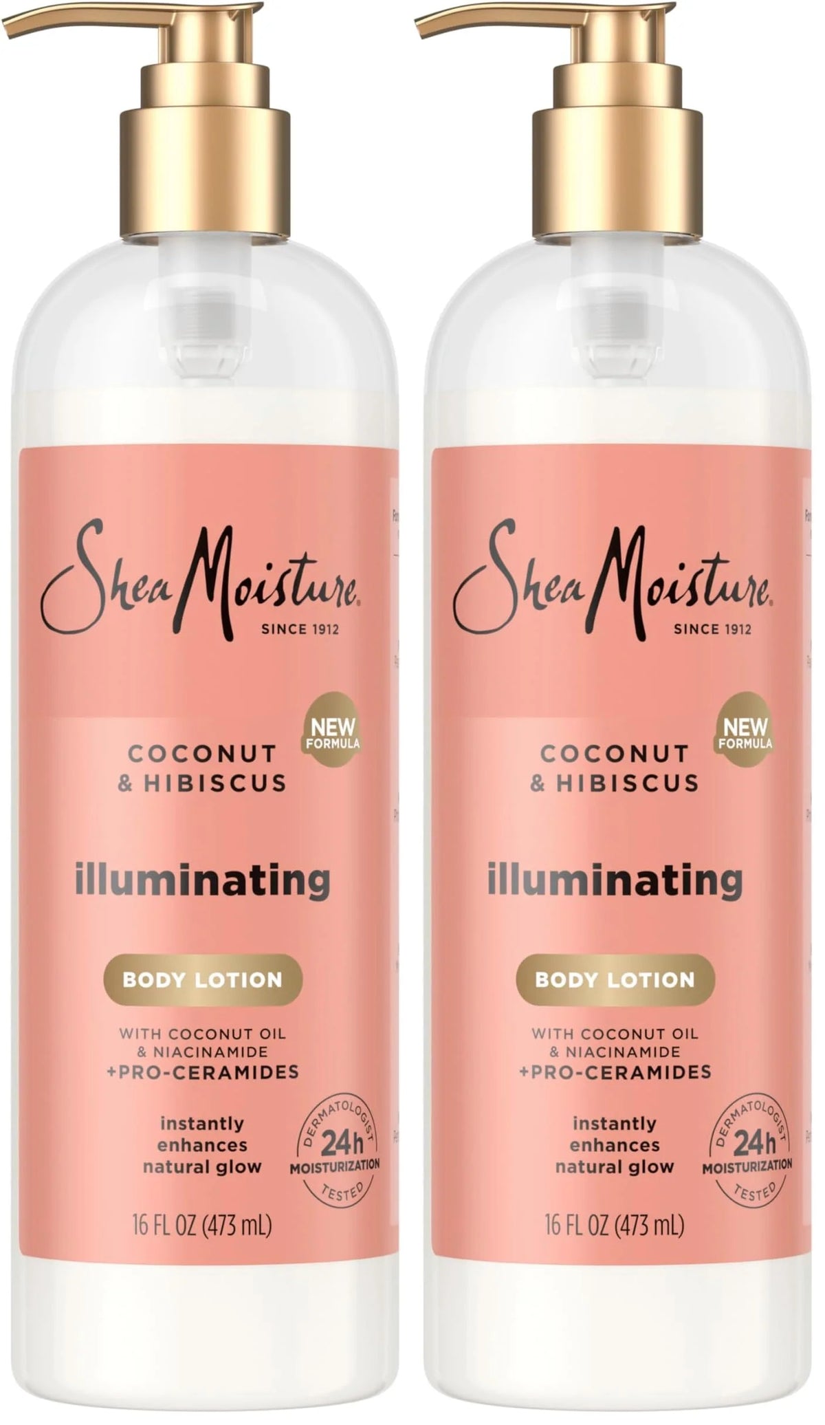 SheaMoisture Illuminating Body Lotion with Coconut Oil, Hibiscus, Niacinamide and Pro-Ceramides, Instantly Enhancing Skin's Natural Glow, 24H Moisturizing 16 oz, (Pack of 2)